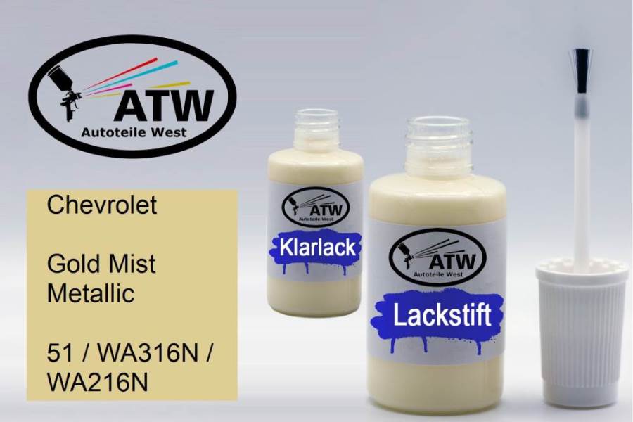 Chevrolet, Gold Mist Metallic, 51 / WA316N / WA216N: 20ml Lackstift + 20ml Klarlack - Set, von ATW Autoteile West.